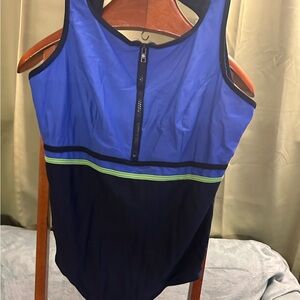 Blue and Black Zip-Front Swimsuit